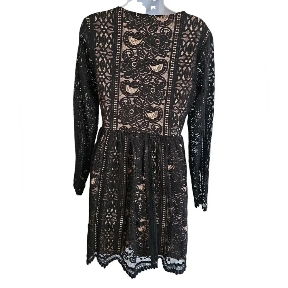 Xhilaration Womens M Black Lace Faux Wrap Dress Nude Lining Goth Whimsy Cottage - Picture 3 of 7